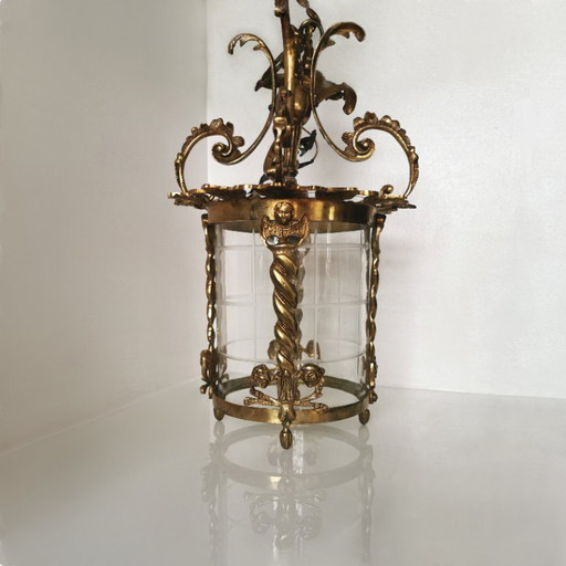 Antieke Bronzen en Glazen Plafondlantaarn – Klassieke Stijl C. 1950