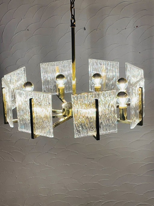 Vintage Brass Ice Glass Chandelier