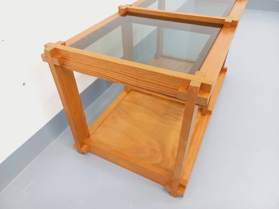 Image 1 of Vintage rectangular coffee table in pine and smoked glass from the 70s and 80s