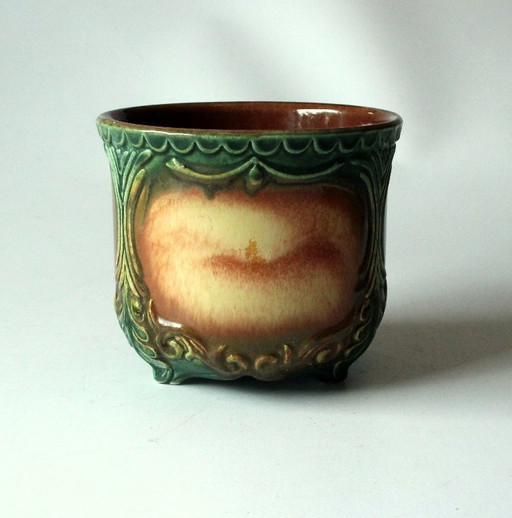 Rare small ceramic flower pot, green/beige - marked - vintage