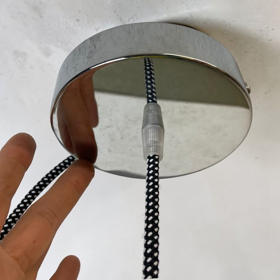 Image 1 of Large Space Age inspired yellow opaline ribbed glass dome hanging light for dining room, 1970s