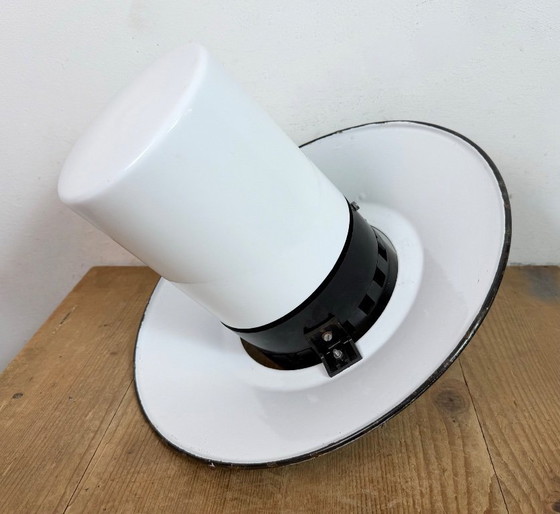 Image 1 of Industrial Grey Enamel Pendant Lamp with Milk Glass, 1960s