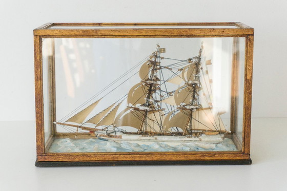 Image 1 of Antique Maritime Diorama - Handmade Boston Ship Model "Cherokee" in Display Case (ca. 1900)
