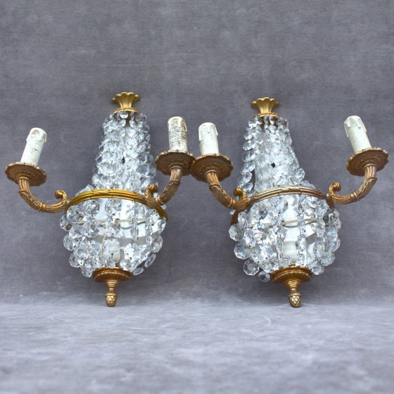 Image 1 of Antique set of 2 gilded brass sconces with crystal cutted drops romantic home decor from France