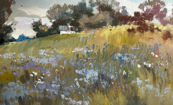 Image 1 of Original Oil Painting Gray Day Landscape Summer flower meadows
