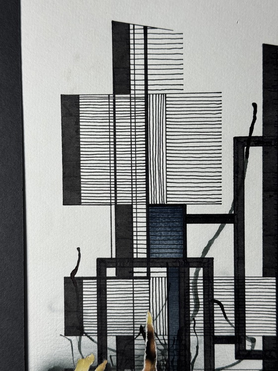 Image 1 of Eugène Eechaut (1928-2019) - ingelijste inktcompositie met collage, 1987
