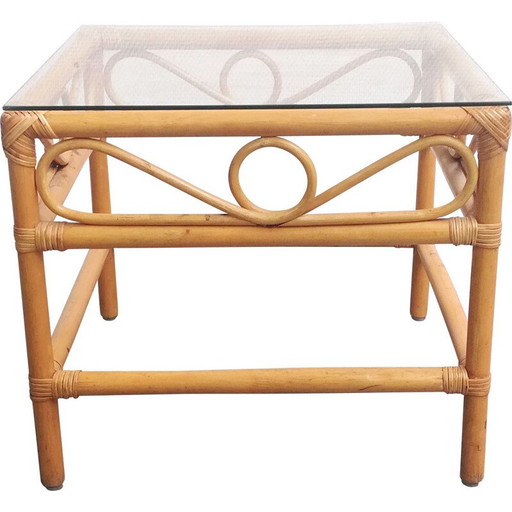 Tavolino da caffè vintage in rattan e piano in vetro
