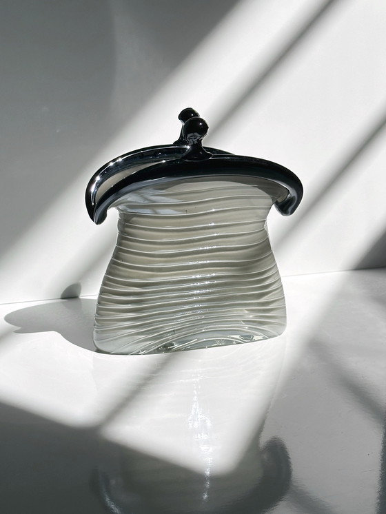 Image 1 of Vintage Murano Glass Bag Vase Gray Iridescent Swirl 80s 90s Handmade Venice Italy Coin Purse Purse Opalina