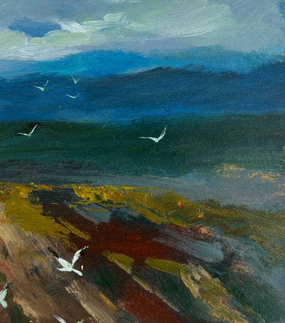 Image 1 of Original Oil Painting Coastal Mountain Landscape Sunlight through the clouds