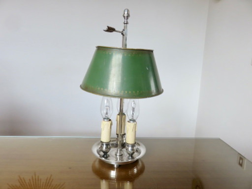 Antique French bouillotte lamp in chromed bronze and lacquered sheet metal, 1930
