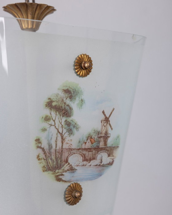 Image 1 of LAMPADARIO VINTAGE ANNI '50 IN VETRO DECORATO, DESIGN ITALIANO