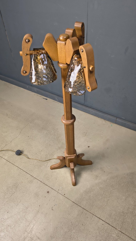 Image 1 of Lampadaire rustique en chêne et verre de Murano, années 1960