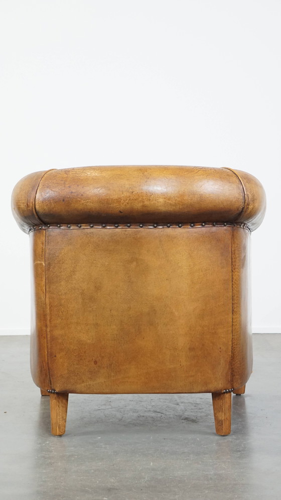 Image 1 of Vintage Cognac-Kleurige Clubfauteuil Gemaakt van Schapenleer