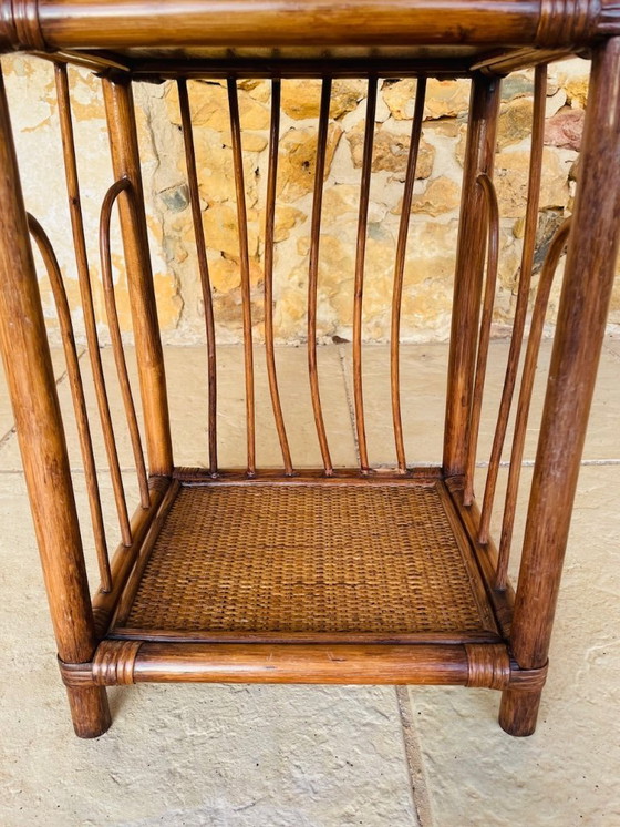 Image 1 of Mid-Century, Two-Tiered, Bamboo & Wicker Nightstand 1970s