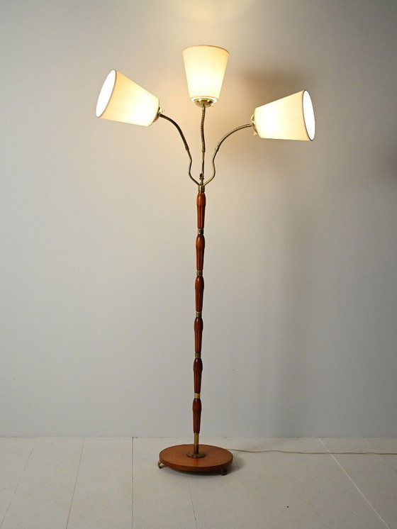 Image 1 of Three-arm teak and brass floor lamp, Scandinavia, 1940s–50s