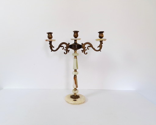 Vintage Onyx and Brass Triple Candlestick / 3 Arm Candle Holder from Tetovo Macedonia