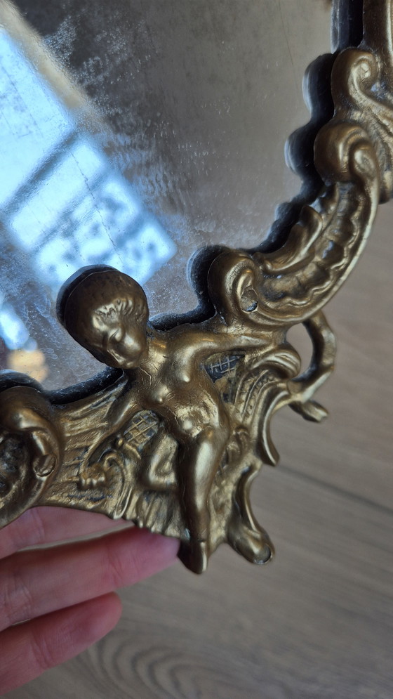 Image 1 of Antique French bronze vanity table mirror — Rococo style — cherubs & shell — late 19th / early 20th century