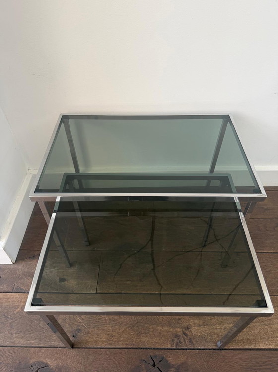 Image 1 of Vintage design bijzettafels / miniset chroom blad van (rook) glas 