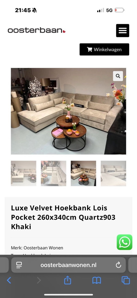 Image 1 of Canapé d'angle luxueux en velours 260 x 340 cm – Kaki – Comme neuf