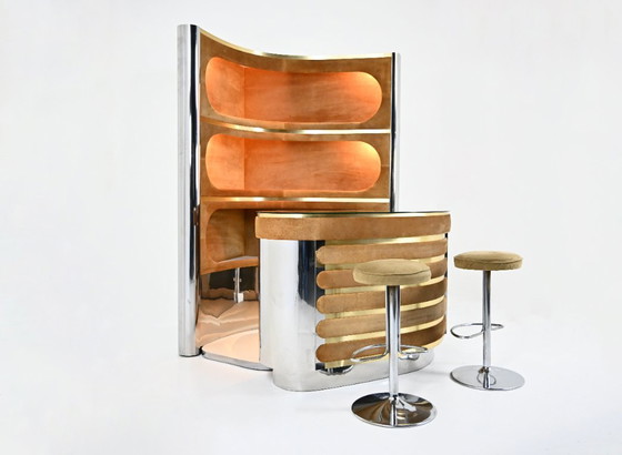 Image 1 of Set da bar con 2 sgabelli attribuito a Willy Rizzo, anni '70