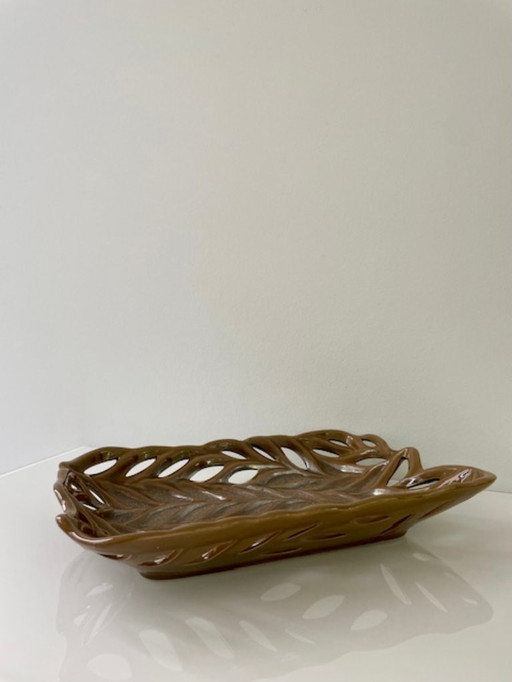Rare bol vintage en céramique avec tissage organique - 32.5 x 22 cm