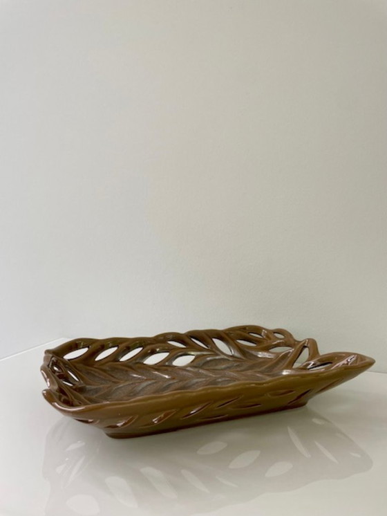 Image 1 of Rare bol vintage en céramique avec tissage organique - 32.5 x 22 cm