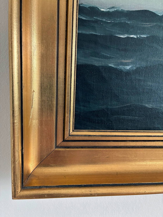 Image 1 of Peinture à l'huile originale vintage représentant une marine, signée, art de voilier