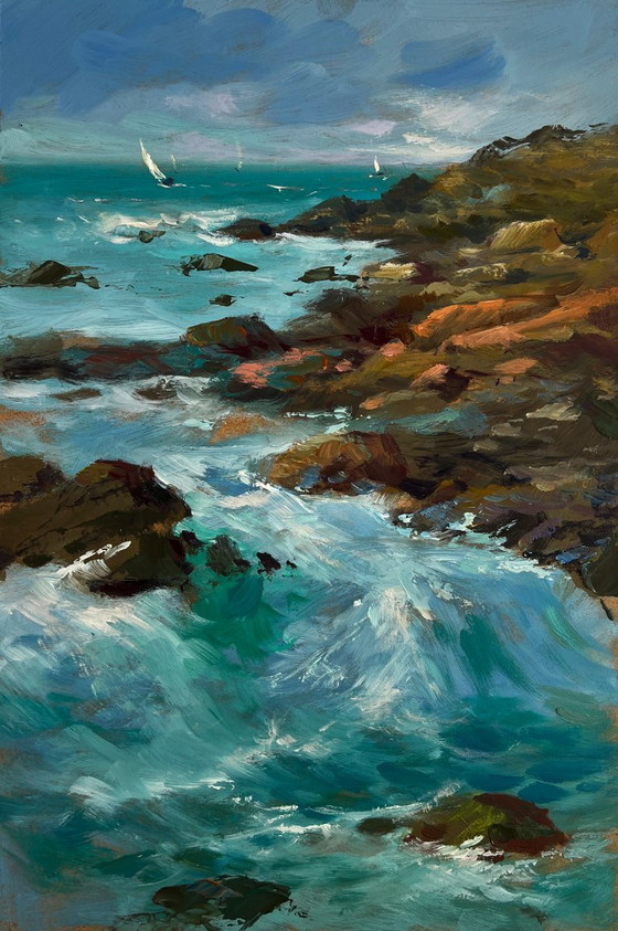 Image 1 of Original Oil Painting Coastal Rock Landscape Sailboats in the distance sea