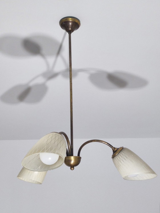 Image 1 of Plafonnier vintage en laiton à 3 bras – Entièrement recâblé et prêt à l'emploi