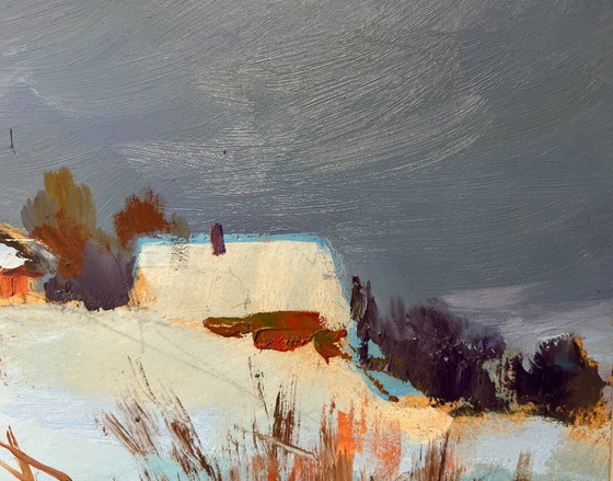 Image 1 of Original Oil Painting Winter Village Landscape Cozy winter evening