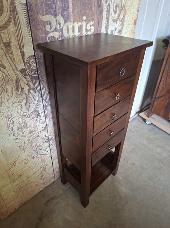 Image 1 of Colonial teka wood chest of drawers, hallway cabinet, side table, dimensions 40x29cm and 95 cm high