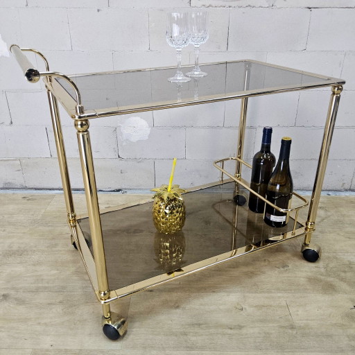 Vintage gouden messing barcart / trolley drankwagen rookglas plateaus 
