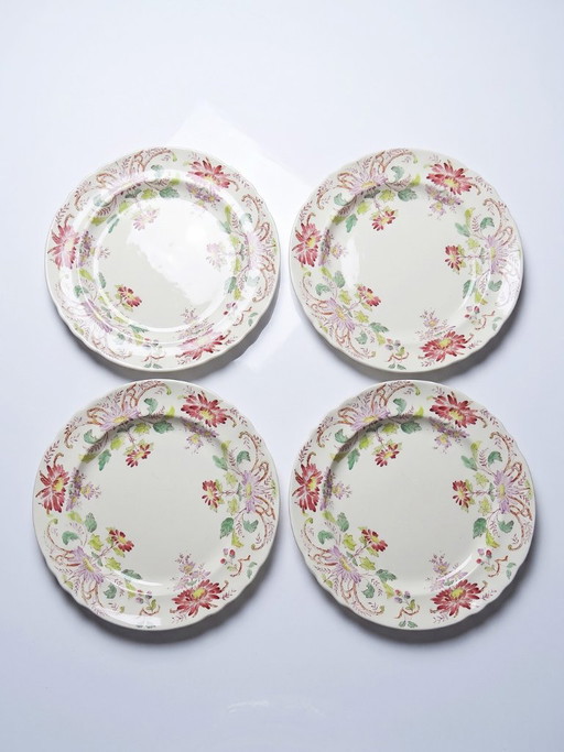 4 Antieke Longchamp Pâquerettes polychrome aardewerk dessertborden – servies, Ceramic, Vintage
