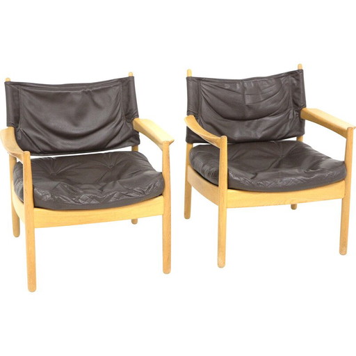 Coppia di poltrone vintage in rovere e pelle, Svezia anni '60
