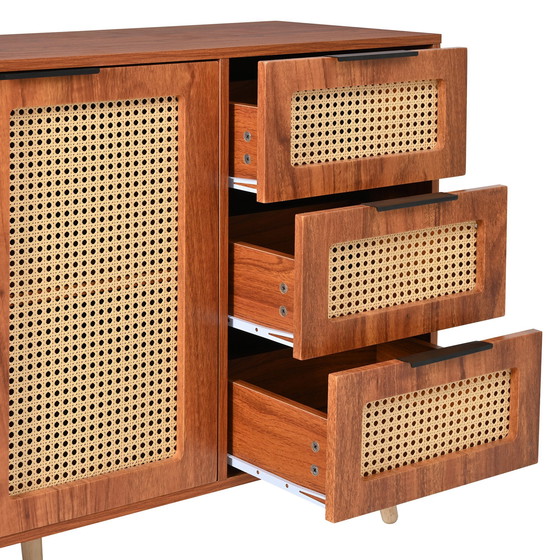 Image 1 of Urban Meuble vintage dressoir van rotan in walnoot houtlook met 2 deuren en 3 lades met zwarte handgrepen 120*38*78cm CRI