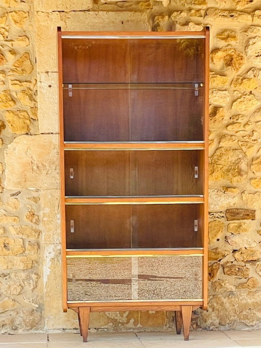 Mid Century, Oak Bookcase with Sliding Glass Doors, 1960s