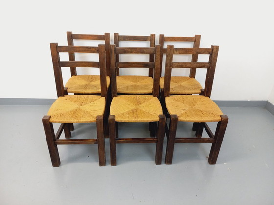 Image 1 of Set of 6 vintage brutalist chairs in solid oak and straw from the 60s