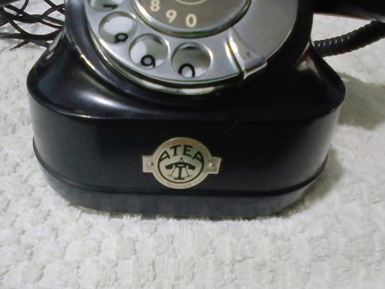 Image 1 of Téléphone à cadran rotatif vintage en bakélite noire RTT 56 par ATEA Anvers - Entièrement fonctionnel et en parfait état