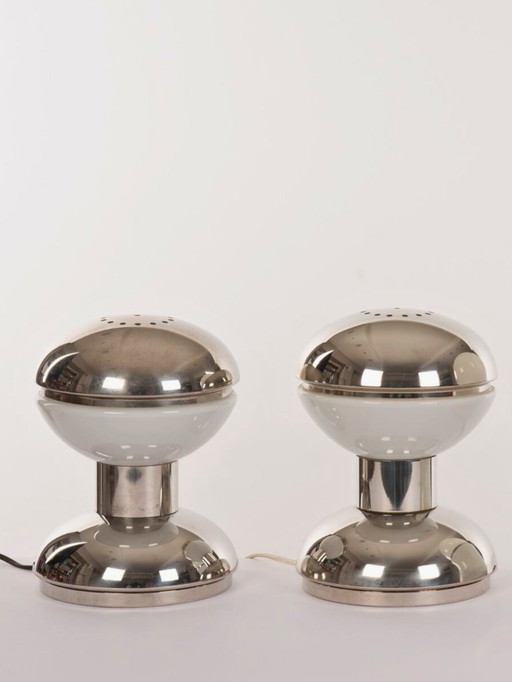 Pair of Diabolo Table Lamps by Goffredo Reggiani – Italian Chrome & Opaline Glass, 1970s
