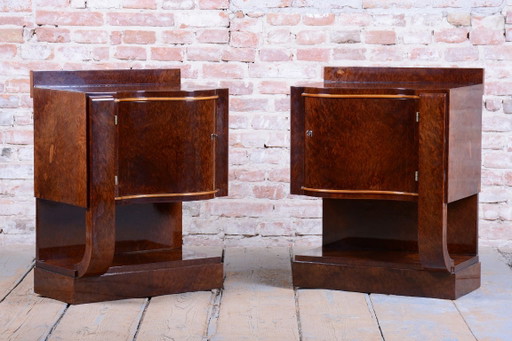 Par de mesitas de noche Art Déco restauradas, de madera de haya, de estilo polaco recuperado, Francia, década de 1920.
