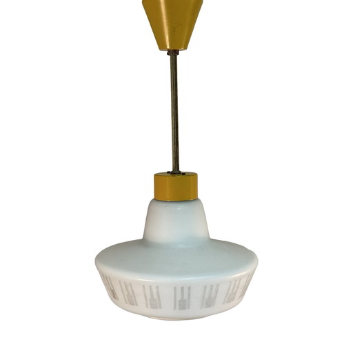 Vintage 50’s MCM Hanging pendant - Frosted / semi translucent white glass - Yellow ceiling mounted canopy and brass upright