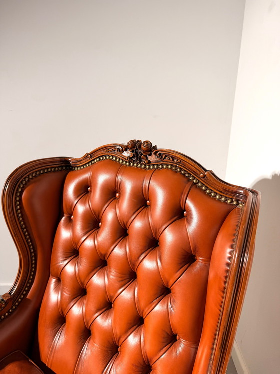 Antieke Cognac Leren Bergère Fauteuil – Wood (photo 3 of 6)