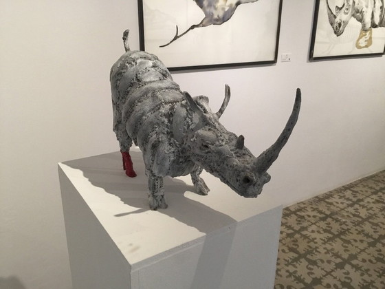 Image 1 of Bronze Rhinoceros statue with matching watercolor painting in cast iron frame