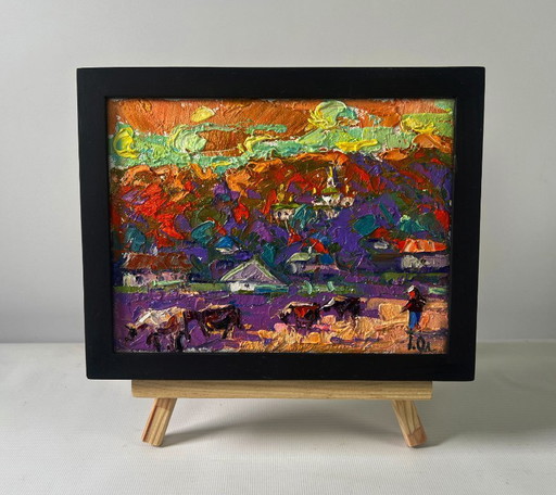 Original Oil Painting Sunset Houses Landscape Evening bell floats over the village