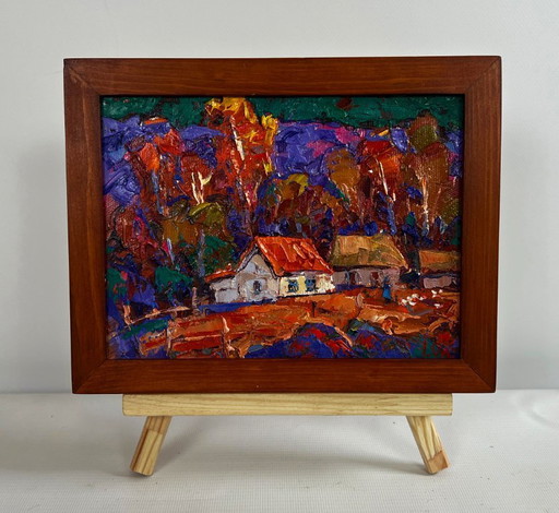 Original Oil Painting Autumn Village Landscape Autumn night in the village