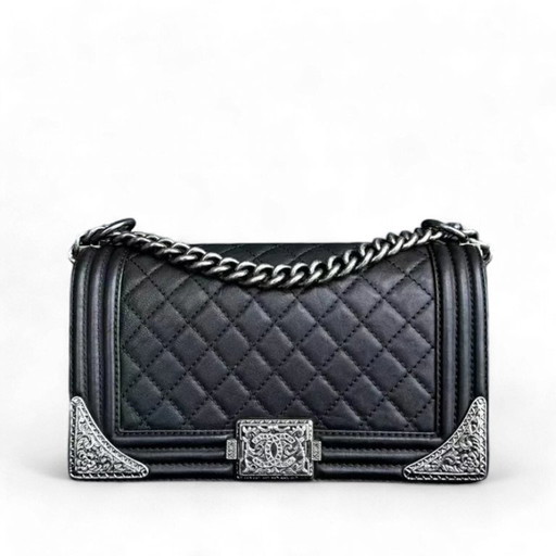 Chanel Boy Medium - 25CM Paris-Dallas Metal Edge Grained Calfskin Black Silver Hardware Series 19