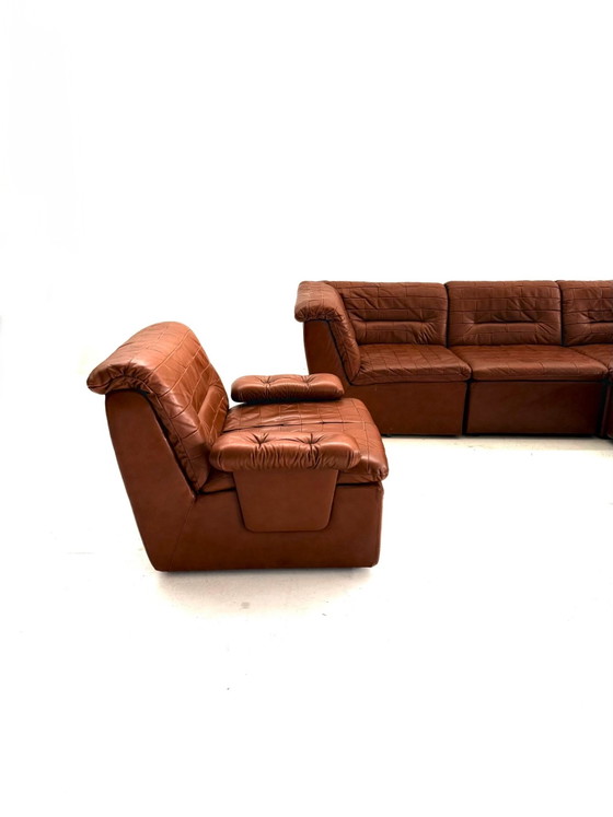 Vintage 6-delige modulaire patchwork elementenbank ‘80, Modulaire banken, Kunststof, Leer, Bruin (foto 2 van 10)