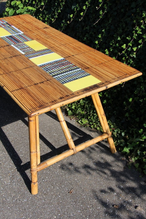 Image 1 of Table haute en céramique et rotin de Audoux Minet et Roger Capron