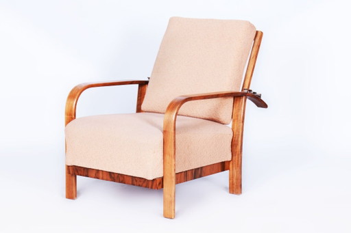 Restored Art Deco Reclining Armchair, Walnut, High Gloss, Czech. 1920s – fauteuils, Metal, Textile