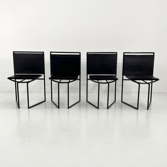 Image 1 of Set van 4 Model 91 stoelen in zwart leer, ontworpen door Mario Botta voor Alias, jaren 90.